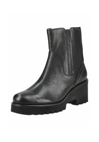 Black leather ankle boots with elastic side panels, a rounded toe, and a chunky platform sole featuring a textured grip pattern.