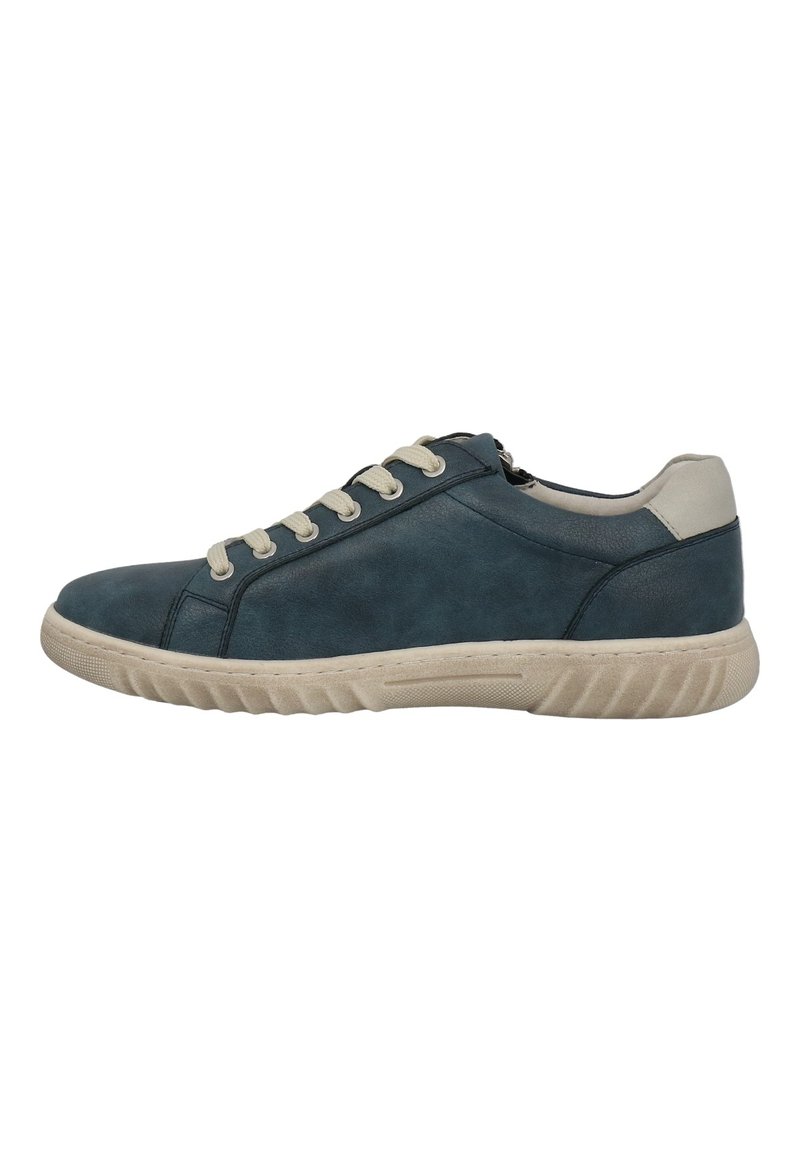 Baskets en cuir bleu avec des accents beiges, bout rond, semelle texturée et fermeture à lacets. Présente une finition lisse et un col rembourré.
