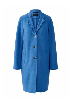 Blue wool blend coat with a notched collar, five buttons, two side pockets, and a textured finish. Tailored fit, knee-length design.