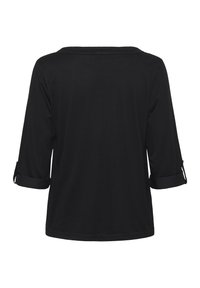 Chemise noire légère à manches trois-quarts, avec des poignets retroussables. Texture lisse et coupe décontractée. Pas de motifs ni d'ornements.