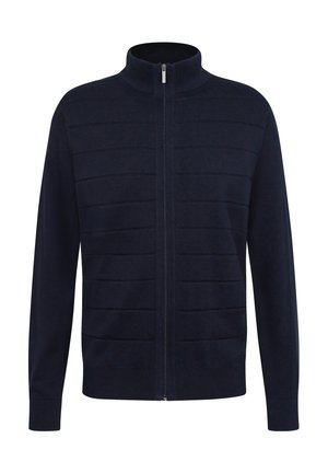 Marineblaue Zip-Jacke mit hohem Kragen, ausgestattet mit horizontalen Rippmustern und langen Ärmeln. Glatte Strickoberfläche mit taillierter Passform.
