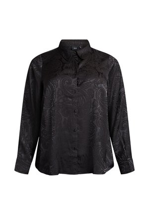 Schwarzes Langarmshirt aus glattem Stoff mit einem dezenten Paisleymuster, ausgestattet mit einer Knopfleiste und einem klassischen Kragen.