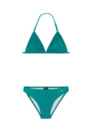 Conjunto de bikini texturizado en color verde azulado con top triangular ajustable y braguitas a la cadera a juego sobre un fondo blanco.