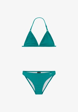 Teal gestructureerde bikini set met verstelbare driehoekstop en bijpassende lage taille broekjes op een witte achtergrond.