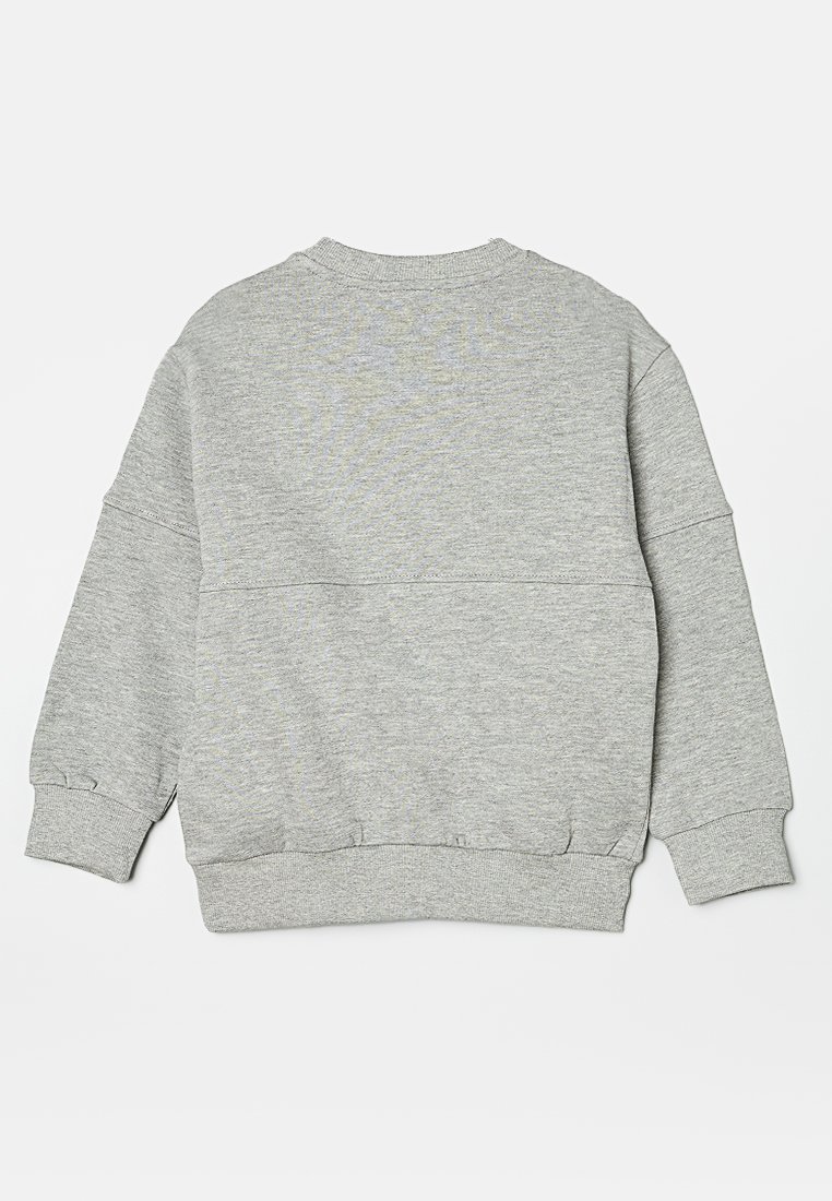Sudadera de algodón gris con cuello redondo, costuras de hombro caídas, puños y dobladillo de canalé. Presenta una textura suave y un ajuste relajado.
