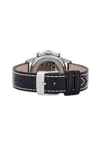 Correa de reloj de cuero negro con costuras blancas, con hebilla de acero inoxidable. El reloj tiene una caja de acero inoxidable y botones visibles.