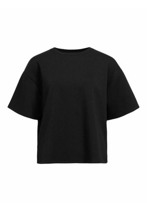 T-shirt cropped noir en coton doux avec une coupe décontractée, des manches larges et un col rond classique. Présente une texture lisse.
