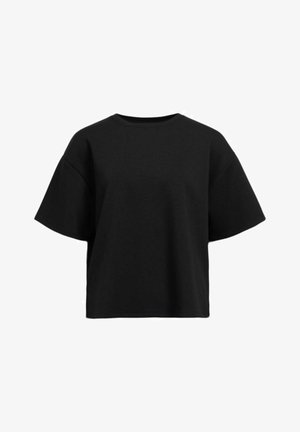 Must t-särk mustast pehmest puuvillast, laia lõikega, avarate varukatega ja klassikalise ümmarguse kaelusega. Omab sileda tekstuuri.
