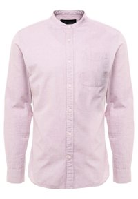 Hellrosa Langarmhemd mit Stehkragen, Brusttasche und durchgehendem Knopfverschluss. Hergestellt aus einem strukturierten, gewebten Stoff.