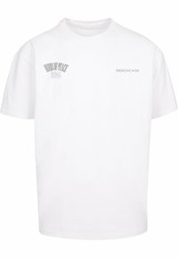Hvid bomulds t-shirt med fronttryk: "FREDENS FUGLE" i buet form og "MERCHC•DE" til højre, kortærmet og rund hals.