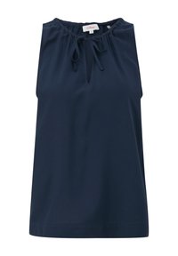 Haut sans manches bleu marine avec un col froncé, un détail à cordon de serrage et une coupe ample. Tissu lisse avec un tombé décontracté.