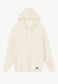 Hoodie in cremefarbener Ausführung mit gerippter Textur, einer Kängurutasche und einem kleinen schwarzen Logo-Patch, ausgestattet mit Kordeln an der Kapuze.