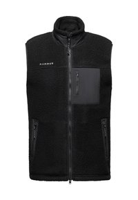Zwarte fleecevest met hoge kraag, rits aan de voorkant, ritszak op de borst, twee ritszakken aan de zijkanten en het "Mammut"-logo op de linkerkant van de borst.