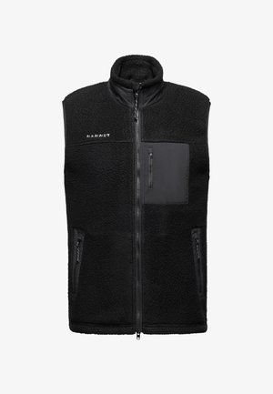 Schwarze Fleece-Weste mit hohem Kragen, frontalem Reißverschluss, aufgesetzter Brusttasche mit Reißverschluss, zwei seitlichen Taschen mit Reißverschluss und "Mammut"-Logo auf der linken Brust.