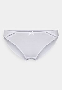 Mutandine di cotone bianco con accenti in pizzo sui lati, un piccolo fiocco decorativo sul davanti e una texture liscia e morbida.