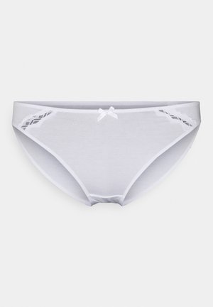 White cotton panties with lace side accents, a small decorative bow at the front, and a smooth, soft texture.