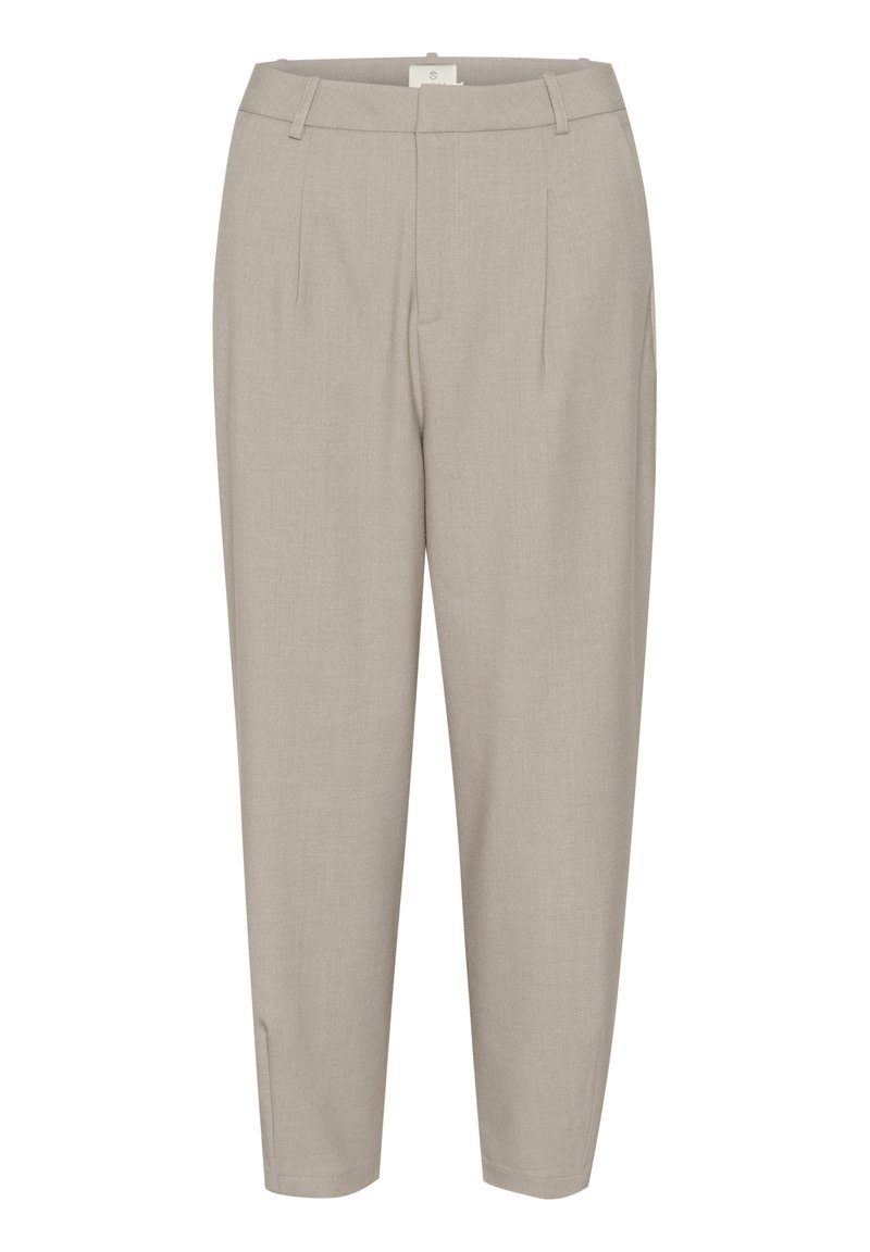 Beige, schmal zulaufende Hosen aus leichtem Stoff mit Seitenschlitzen, einem Bund und einem Saum, der sich am Knöchel verjüngt.