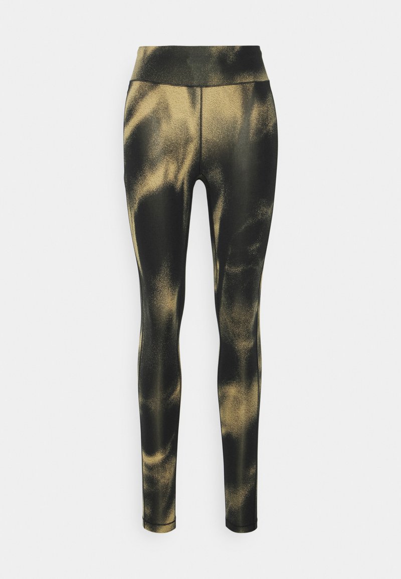 Leggings pretos com um padrão abstrato dourado e cintilante, cintura alta, textura suave, comprimento total e design ajustado.