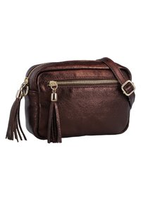 Metalna smeđa kožna torba preko tijela s zlatnim dodacima, zatvaranjem na munju i dva resice. Kompaktni pravokutni oblik, podesiva trakica.