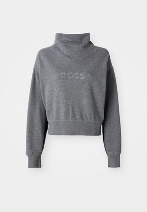 Grijze cropped sweatshirt met een hoge kraag, voorzien van "BOSS" in rhinestones op de borst en ribbels aan de mouwen en onderkant. Zachte materiaalkwaliteit.