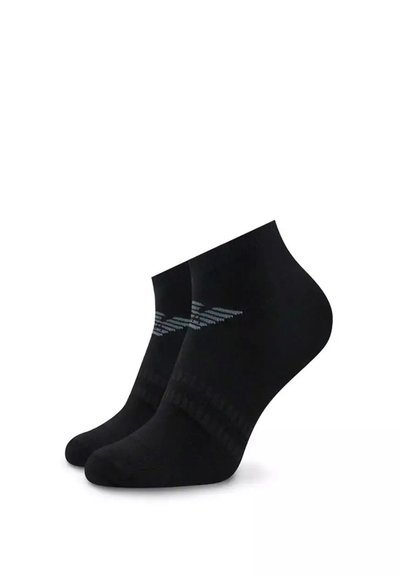 Chaussettes noires coupées aux chevilles en matériau doux, avec un poignet côtelé et un motif gris subtil. Texture lisse avec un design ajusté.