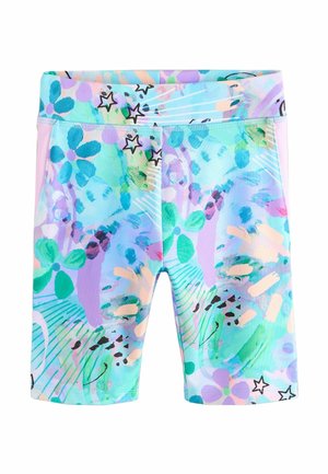 Shorts de vélo pour filles de couleur pastel avec motifs floraux et étoiles abstraits en bleu, vert, violet et pêche.