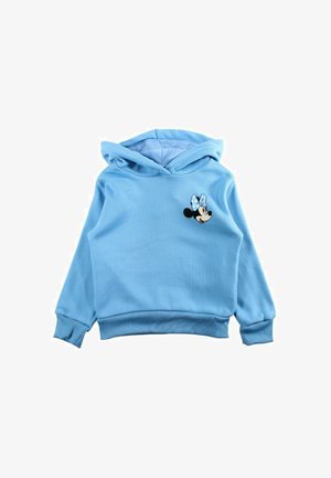 Sweat à capuche bleu clair en tissu doux avec ourlet et poignets côtelés. Il comporte un patch Minnie Mouse sur le devant avec un nœud à pois bleu.
