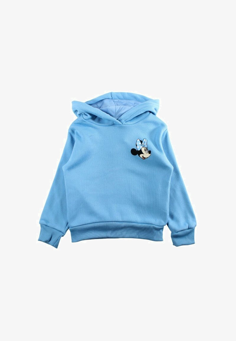 Sweat à capuche bleu clair en tissu doux avec ourlet et poignets côtelés. Il comporte un patch Minnie Mouse sur le devant avec un nœud à pois bleu.