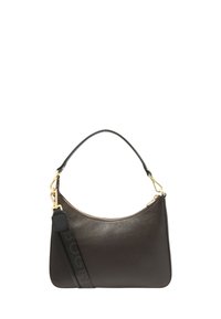 Skórzana torba na ramię w ciemnobrązowym kolorze, o gładkiej fakturze, z złotymi detalami oraz czarnym paskiem z wytłoczonym napisem "BOGIN".