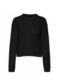 Maglione lungo nero a coste, con maniche lunghe e scollatura alta, dal design cropped. Presenta un tessuto testurizzato e un colore solido senza fantasie o accenti.