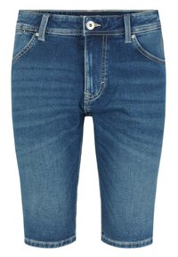 Tummansinisten farkkuhousujen shortsit, joissa on viisi taskua, etupainike ja kontrastivärinen tikkaus. Saumattu juuri polven ylle.