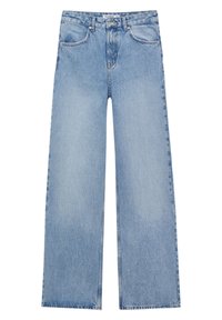 Jean large taille haute bleu clair avec poches avant, passants de ceinture, fermeture par bouton, et détails délavés sur les jambes.