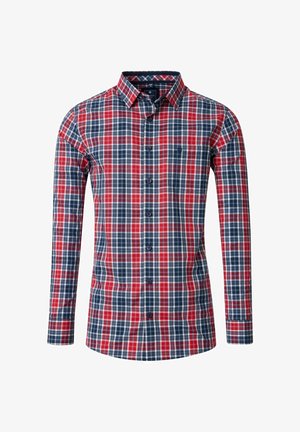 Koszula z długim rękawem zapinana na guziki w kratę w kolorach czerwonym, białym i niebieskim, z pojedynczą kieszenią na piersi na białym tle.