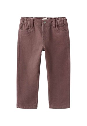 Pantalons en tissu marron avec une taille élastique, poches avant et passants de ceinture. Texture lisse, coupe droite, adaptés pour un usage décontracté.