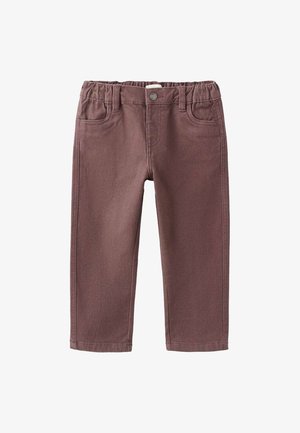 Brown fabric pants with an elastic waistband, front pockets, and belt loops. Smooth texture, straight cut, suitable for casual wear.