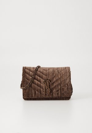 Brown ribbed velvet crossbody bag with chevron pattern, chain strap, and metal intertwined letters logo on front flap.