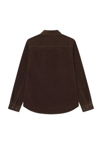 Cămășă din catifea moale de culoare maronie, cu mâneci lungi, guler și detalii cu nasturi. Prezintă o yoke dreaptă la spate și un design cu margine curbată.