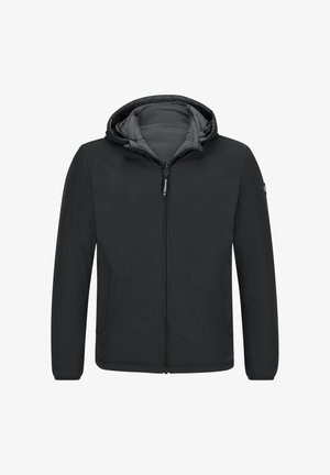 Schwarze Kapuzenjacke mit frontaler Reißverschluss, Seitentaschen und einem dezenten Logo-Patch auf dem linken Ärmel, vor einem weißen Hintergrund präsentiert.