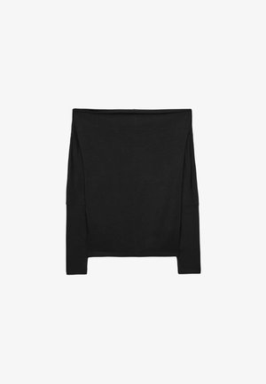 Musta pitkähihaisuus paita, jossa on rento leikkaus ja pehmeä kangas. Sisältää olkapäiltä paljastavan muotoilun ja sivureiät liikkuvuuden lisäämiseksi.