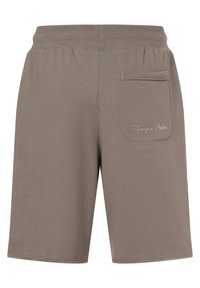Pantalones cortos de algodón gris con cintura elástica, que cuentan con un bolsillo trasero y "Perugia Italia" bordado en blanco.