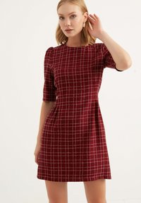 Röd rutmönstrad klänning med korta ärmar, med en rund halsringning och en figurnära midja som värker ut vid kjolen. Gjord av texturerad tyg.