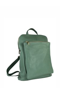 Groene leren rugzak met een voorzak met rits, een bovenhandgreep en verstelbare schouderbanden op een witte achtergrond.