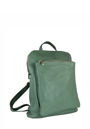 Sac à dos en cuir vert avec une poche zippée à l'avant, une poignée supérieure et des bretelles réglables sur fond blanc.