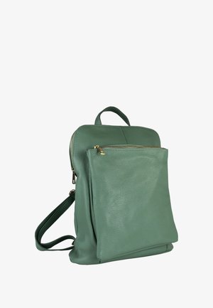 Sac à dos en cuir vert avec une poche zippée à l'avant, une poignée supérieure et des bretelles réglables sur fond blanc.