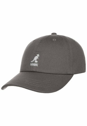Dunkelgraue Baseballkappe mit gebogenem Schirm und weißem Känguru-Logo auf dem Vorderteil, Marke Kangol.