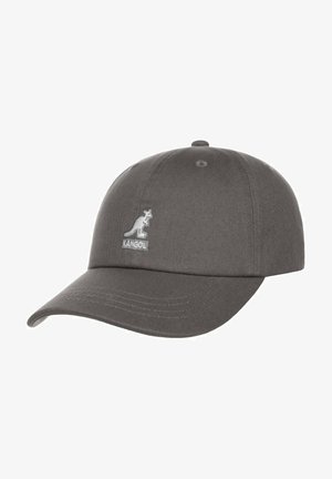 Dunkelgraue Baseballkappe mit gebogenem Schirm und weißem Känguru-Logo auf dem Vorderteil, Marke Kangol.