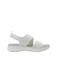 Weiße Sandalen mit verstellbaren elastischen Riemen, strukturiertem Stoff und gepolsterter Sohle. Sie verfügen über ein leichtes Design und eine abgerundete Zehenpartie.