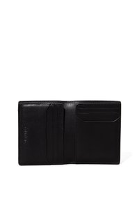 Black leather wallet with textured surface, featuring multiple card slots and a simple, minimalist design. No hardware visible.