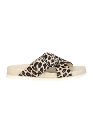 Leopard print slide sandal with a wide strap and a large silver buckle, featuring a beige footbed and a textured white sole.