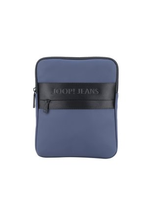 Custodia per laptop blu navy con zip, realizzata in materiale liscio, presenta una banda nera testurizzata con logo in rilievo. Forma quadrata con angoli arrotondati.